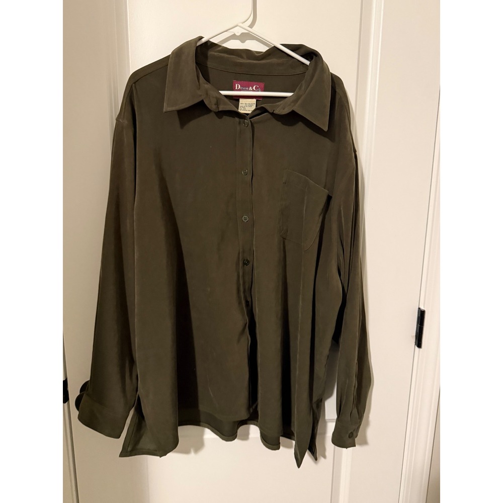 Denim & Co Jeanswear Olive Green Button Down Shirt Womens 3X Long Sleeve Stretch
